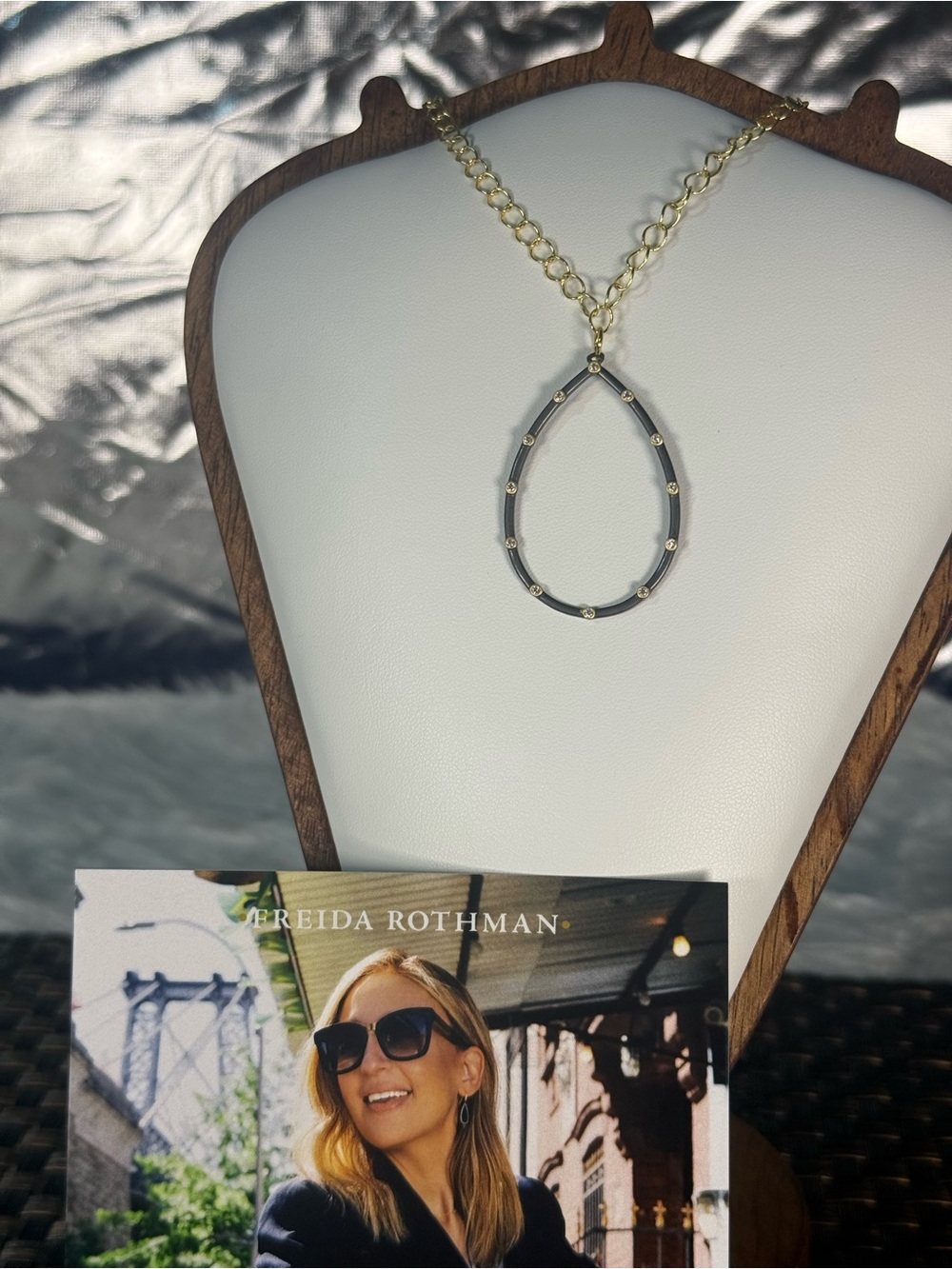 Gold Chain Necklace with Gray Teardrop Pendant by